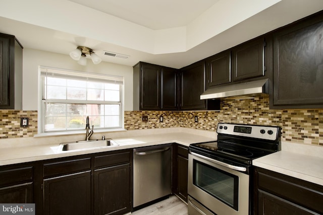 kitchen featuring dark brown cabinetry, decorative backsplash, stainless steel appliances, and sink