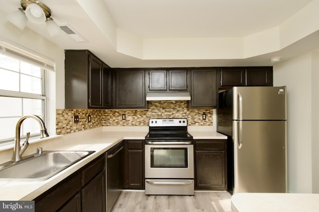 kitchen featuring appliances with stainless steel finishes, dark brown cabinetry, sink, a tray ceiling, and light hardwood / wood-style flooring