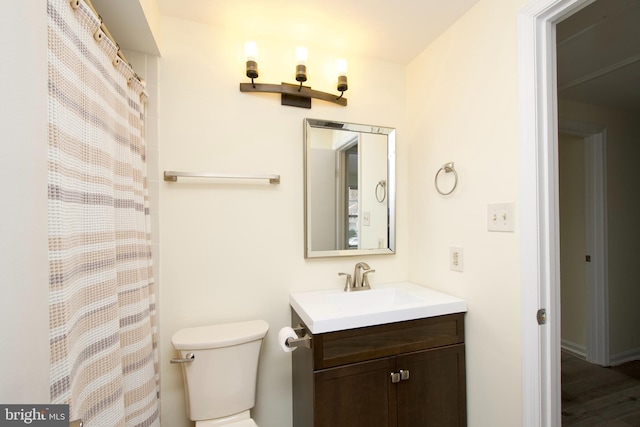 bathroom with wood-type flooring, vanity, and toilet