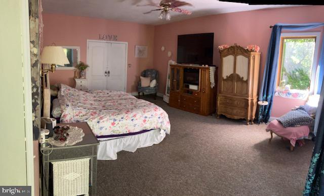 carpeted bedroom with ceiling fan