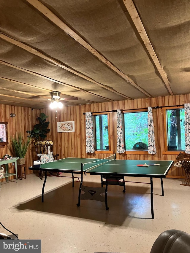 playroom with wood walls