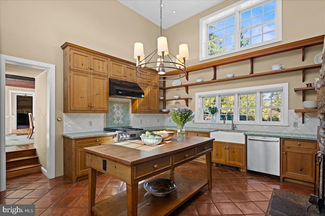 kitchen with sink, appliances with stainless steel finishes, hanging light fixtures, and backsplash