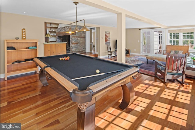 rec room with pool table and hardwood / wood-style floors