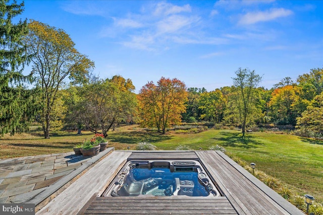 view of swimming pool with a yard