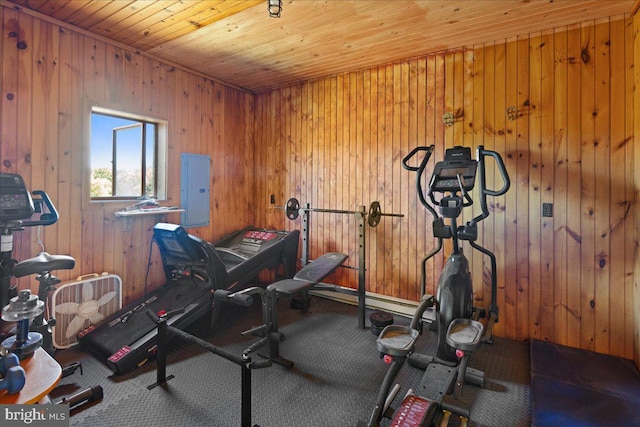 exercise room featuring electric panel, wooden walls, and wooden ceiling