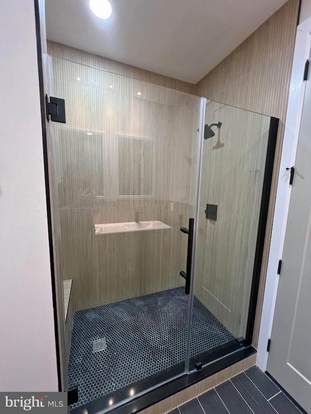 bathroom featuring a shower with door