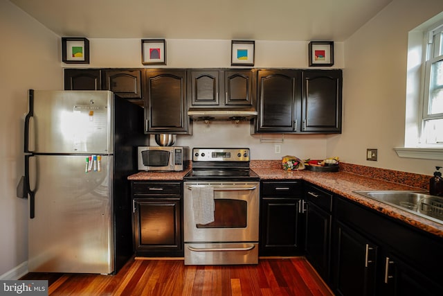 kitchen featuring appliances with stainless steel finishes, sink, and dark hardwood / wood-style flooring