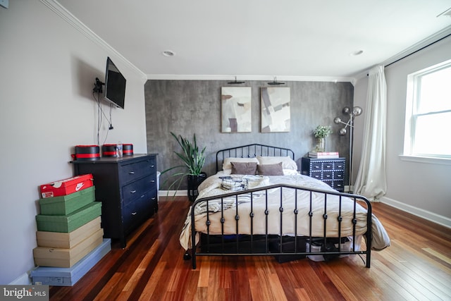 bedroom with ornamental molding and dark wood-type flooring