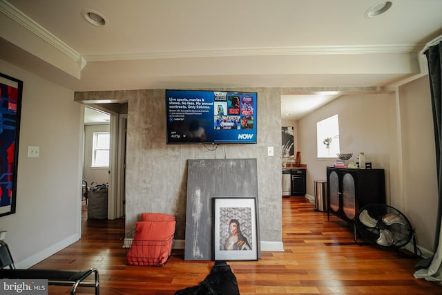 living room featuring ornamental molding and hardwood / wood-style floors