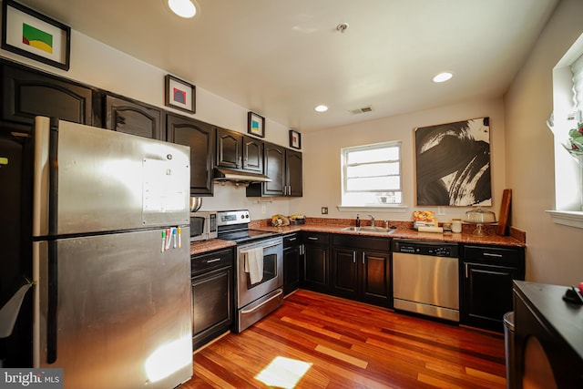 kitchen featuring sink, dark brown cabinets, stone counters, stainless steel appliances, and hardwood / wood-style floors