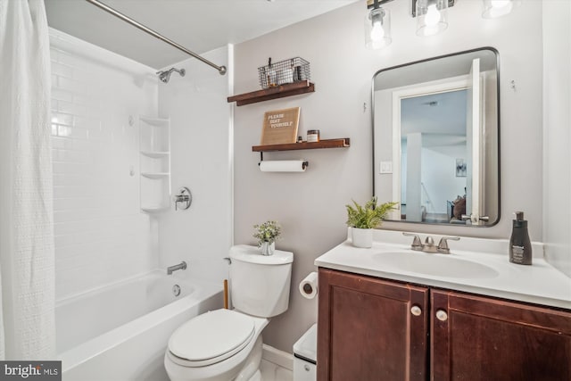 full bathroom featuring vanity, shower / tub combo with curtain, and toilet