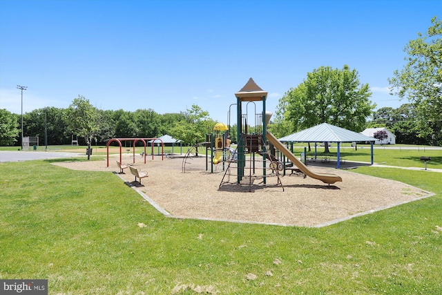 view of play area featuring a gazebo and a lawn