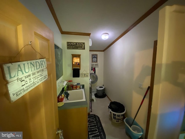 hall with crown molding and sink