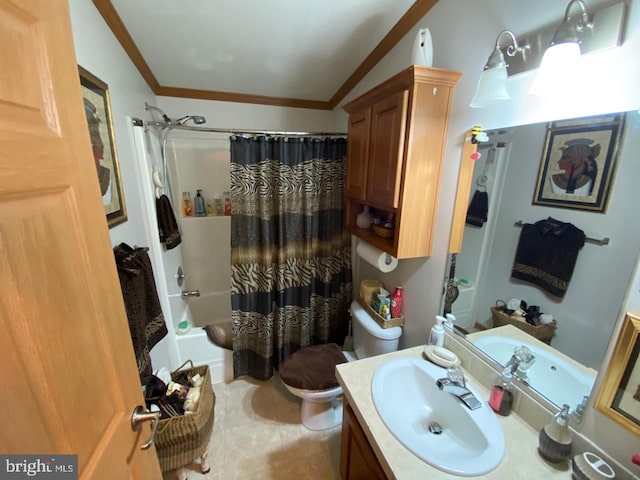 full bathroom featuring lofted ceiling, shower / tub combo, ornamental molding, vanity, and toilet