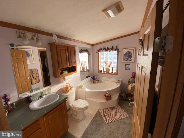 bathroom with a bathing tub, lofted ceiling, ornamental molding, vanity, and toilet