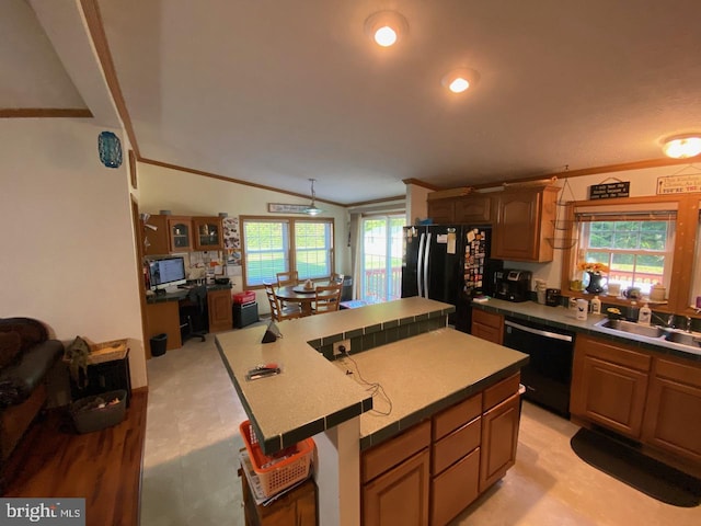 kitchen with sink, black appliances, a center island, crown molding, and vaulted ceiling