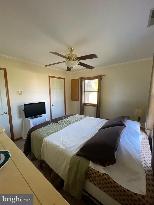 bedroom with ceiling fan and ornamental molding