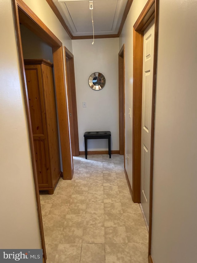 2826 Hoopers Island Rd, Church Creek, MD 21622 - hall with attic access, crown molding, and baseboards