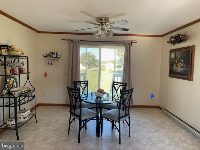 dining space with ceiling fan, ornamental molding, and a baseboard radiator