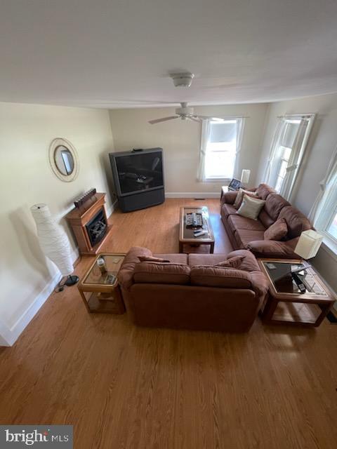 living room with wood-type flooring and ceiling fan