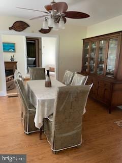 dining room featuring wood-type flooring and ceiling fan