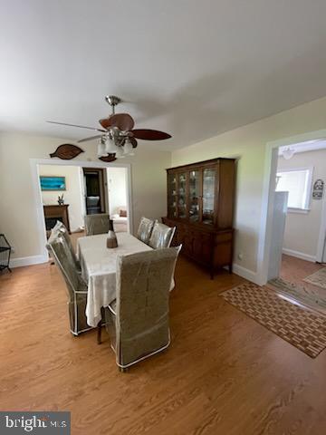 dining area featuring wood-type flooring and ceiling fan