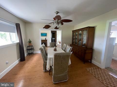 dining space with ceiling fan and dark hardwood / wood-style flooring