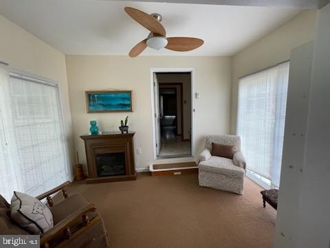 carpeted living room with ceiling fan