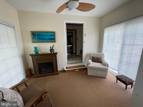 living room with carpet flooring, a healthy amount of sunlight, and ceiling fan