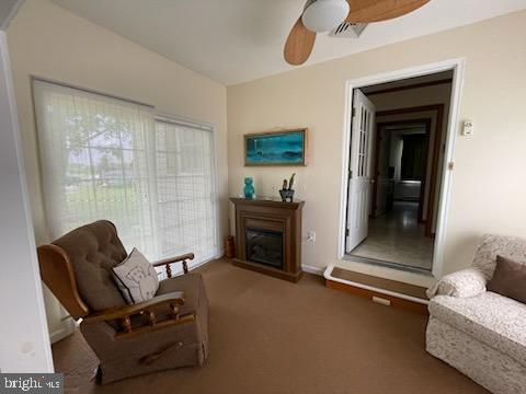 living area with carpet and ceiling fan