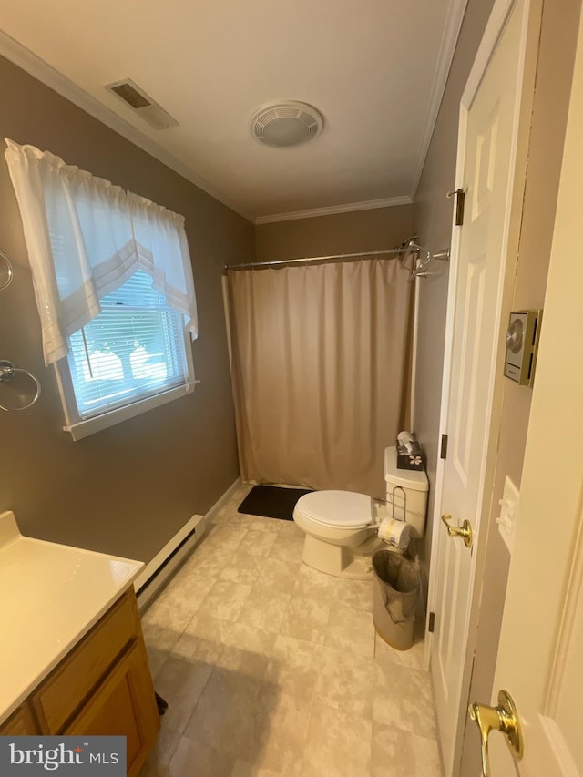 bathroom with toilet, a baseboard radiator, crown molding, a shower with shower curtain, and vanity