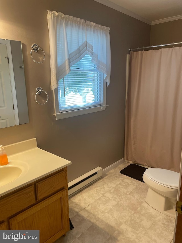 bathroom featuring a baseboard heating unit, walk in shower, toilet, vanity, and crown molding