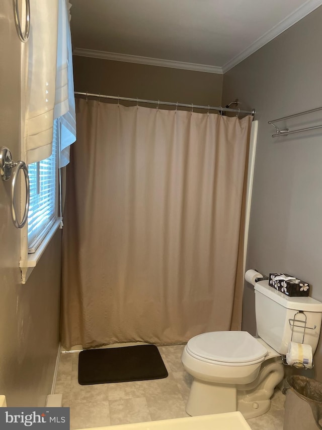 2826 Hoopers Island Rd, Church Creek, MD 21622 - bathroom with ornamental molding, toilet, and a shower with curtain