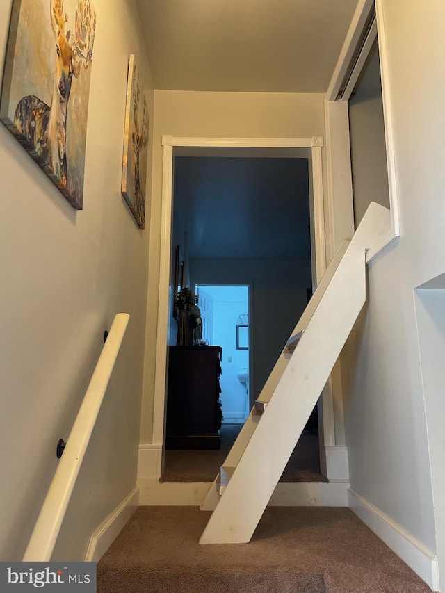 2826 Hoopers Island Rd, Church Creek, MD 21622 - stairway featuring carpet flooring and baseboards