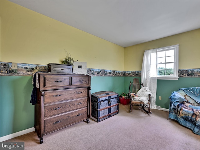 bedroom with light carpet