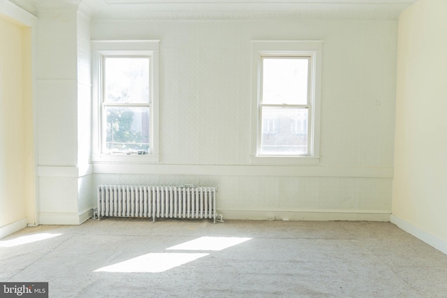 carpeted empty room with radiator heating unit and a wealth of natural light