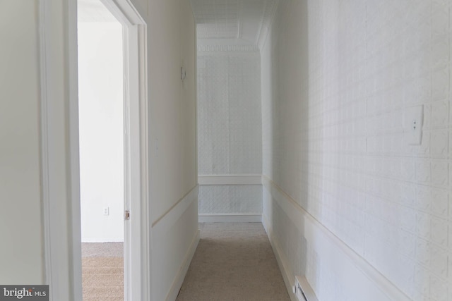 hallway with light colored carpet