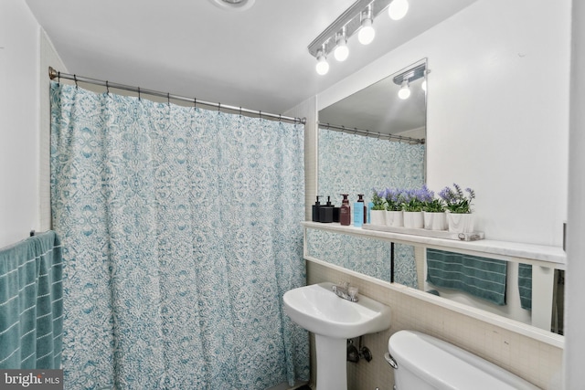 bathroom with toilet and a shower with shower curtain