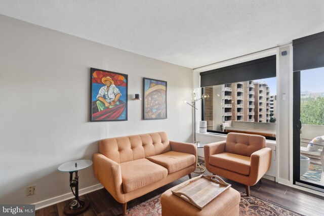 living room with a textured ceiling and dark wood-type flooring