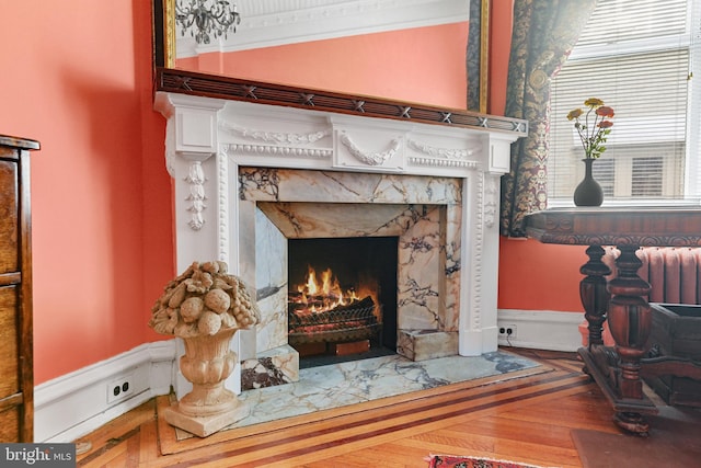 details with a premium fireplace, hardwood / wood-style floors, and crown molding