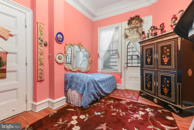 bedroom with crown molding and hardwood / wood-style floors