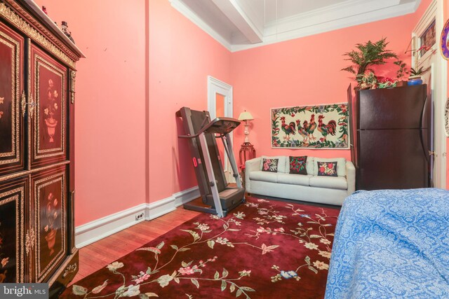 exercise room with ornamental molding and hardwood / wood-style floors