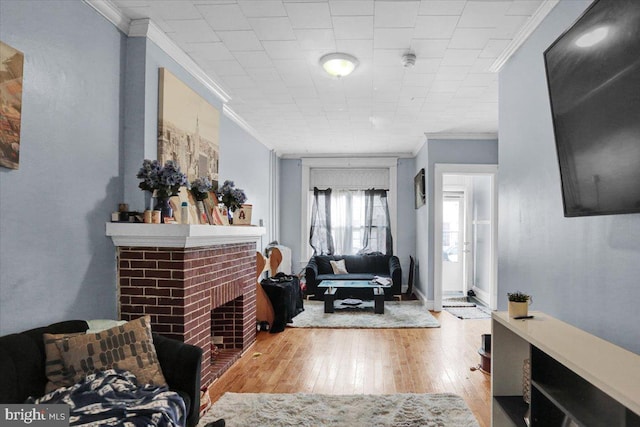 living room with a fireplace, crown molding, and light hardwood / wood-style floors