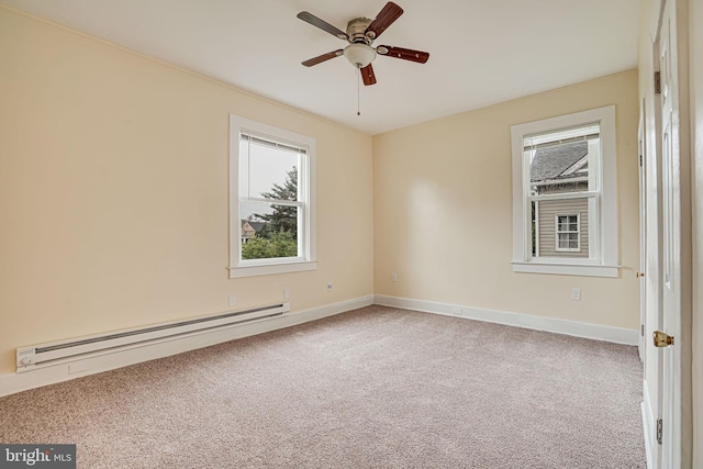 spare room featuring ceiling fan, baseboard heating, and carpet flooring