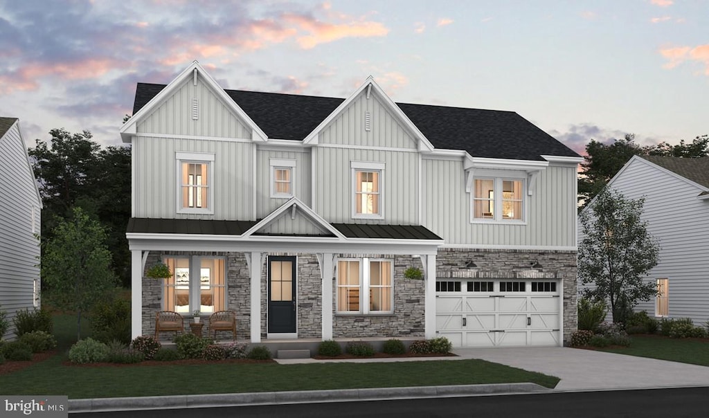 05 Broad Lake Dr, Fredericksburg, VA 22406 - modern farmhouse with a porch, stone siding, an attached garage, concrete driveway, and board and batten siding