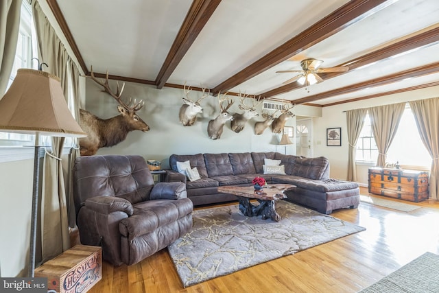 living room featuring ornamental molding, beamed ceiling, and light hardwood / wood-style flooring