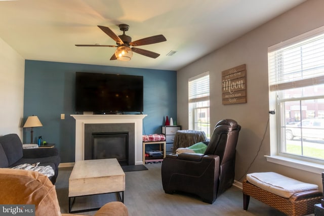 living room with ceiling fan