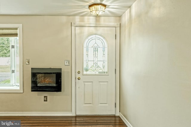 foyer with a healthy amount of sunlight and dark hardwood / wood-style flooring