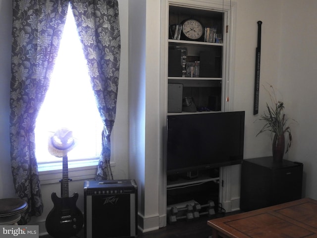 living room with dark hardwood / wood-style flooring