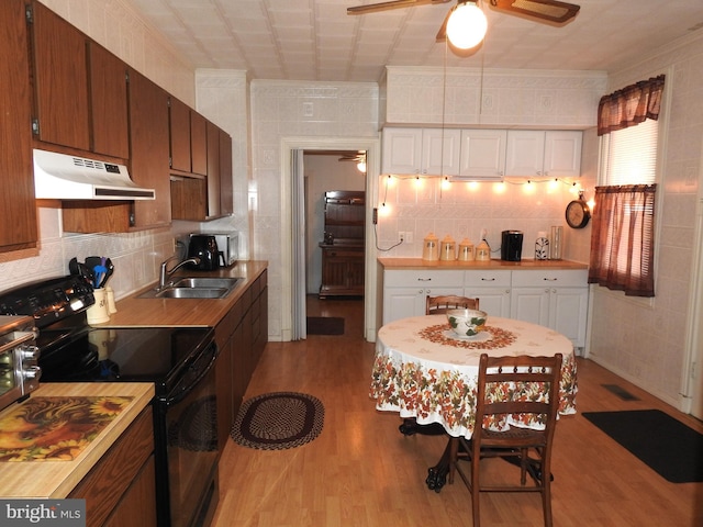 kitchen featuring light wood-type flooring, ceiling fan, crown molding, black range with electric stovetop, and sink